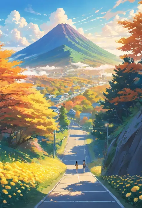 with blue sky and white clouds，Mountains in the distance，A winding mountain road，All the way up，Look up at the perspective，Cloud fog，No Man，There are no characters，the trees，autumnal，The foreground is a chrysanthemum，chrysanthemums，Yellow chrysanthemum，