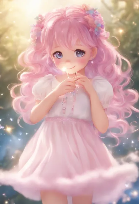 *girl with pink hair,large eyes with sparkles,flowing dress,holding a magic wand,standing on a fluffy cloud,smiling,anime style,dreamy atmosphere,vibrant colors,soft lighting,beautiful background,studio quality(best quality,4k,8k,highres,masterpiece:1.2),u...