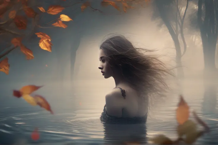 A girl, very beautiful, backless, standing in a pond leg deep, with her back to the camera, foggy dark atmosphere, trees in silhoutte on eith er side and behind, with scattered fallen leaves and some flowers in the water, hair blowing in the breeze, slight...