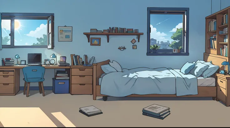 A teenagers room with computer, bed, books and a jenela with blue sky and sun