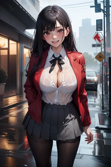 (masterpiece, best quality, ultra-detailed, 8k, wallpaper, photorealistic), (medium shot), beautiful girl, voluptuous body, perfect hands, (hmjy1), (exposed cleavage), (wet long hair), (blunt bangs), red eyes, (wet school uniform, wet red jacket, wet black...