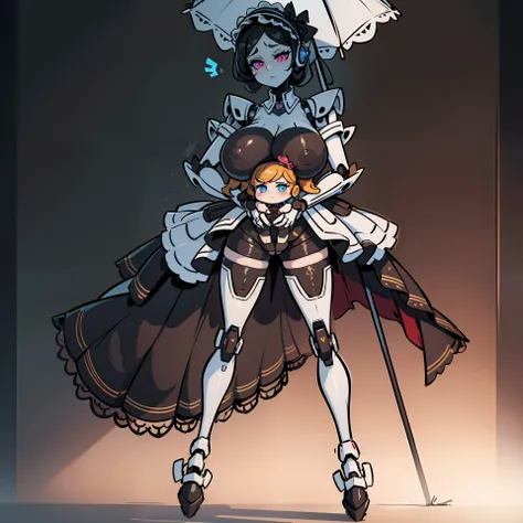 ((masterpiece)), full body, blank background, vectorized design, masterpiece, best quality, great design, overly sexy robot, too sexy for a toon, (Gothic kawaii Mecha), A mecha dressed in frilly, black and lace attire, complete with a parasol accessory. It...