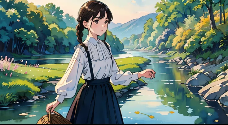 (Watercolor in Sargent style)、(top-quality、​masterpiece)、Soft light、View of the Cotswolds,Old farmhouse、rivulets、flower bloom、One lady、dark brown hair、Braided hair、White blouse and long skirt、picnic、Preparing to return、On the banks of a small stream、Firefl...