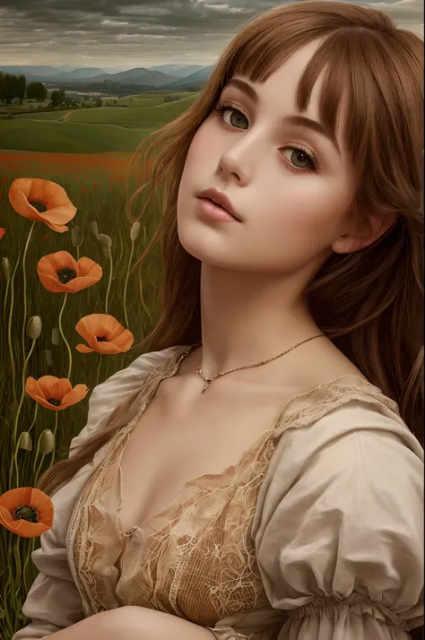 ((beste-Qualit)), ((tmasterpiece)), ((Realistic)), 1 young girl, Poppy field, Colorful, Vintage IMPROVISATION, Feminine Pose, (Perfect skin), Complicated details, Extremely detailed, Raw, HDR, ((in the style of Filippo Lippi)), 8K