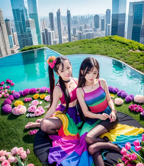 180th floor infinity pool，The tallest building in the urban forest，Around bonsai，Luo Han Song，coconut palms，tulips，Rose flower，Tease alpacas to play，There were five little girls wearing openwork translucent stockings，Pouting and smiling，is shy，Pinch your c...