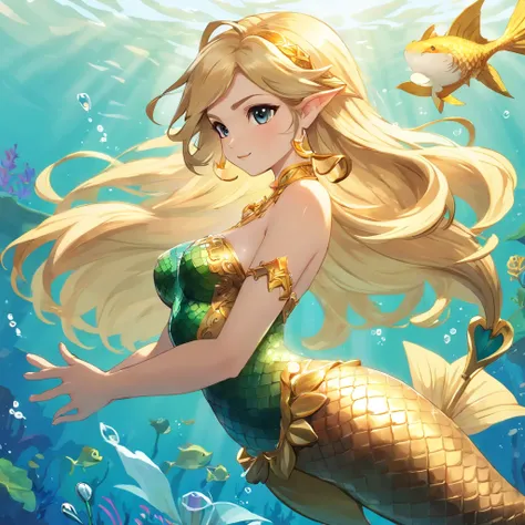 Mermaid, gold mertail, short blond hair, brown top, Access Pass, masterpiece, best quality