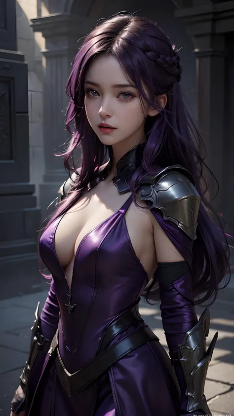 4k, fantasy art, photo realistic, dynamic lighting, artstation, poster, volumetric lighting, very detailed faces, award winning, 1girl, deep shadow, beautiful shot, purple dress, long hair ,purple hair, beautiful background, whole body capture,