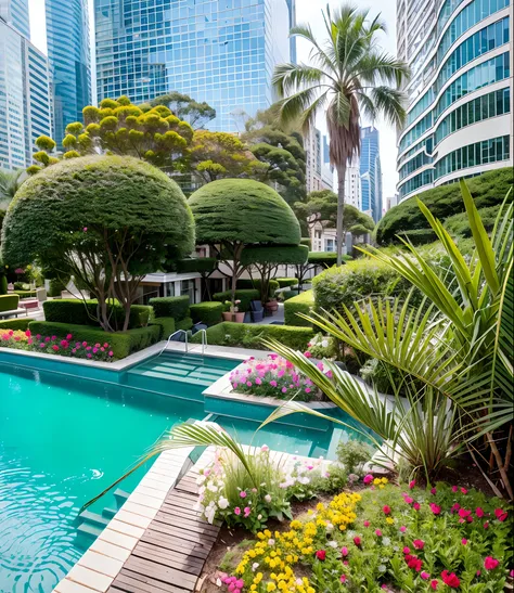 180th floor infinity pool，The tallest building in the urban forest，Around bonsai，Luo Han Song，coconut palms，tulips，Rose flower，Tease alpacas to play，There were five little girls wearing openwork translucent stockings，Pouting and smiling，is shy，Pinch your c...