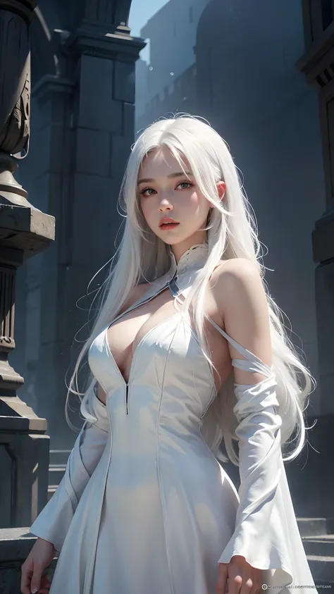 4k, fantasy art, photo realistic, dynamic lighting, artstation, poster, volumetric lighting, very detailed faces, award winning, 1girl, deep shadow, beautiful shot, white dress, long hair ,white hair, beautiful background, whole body capture,