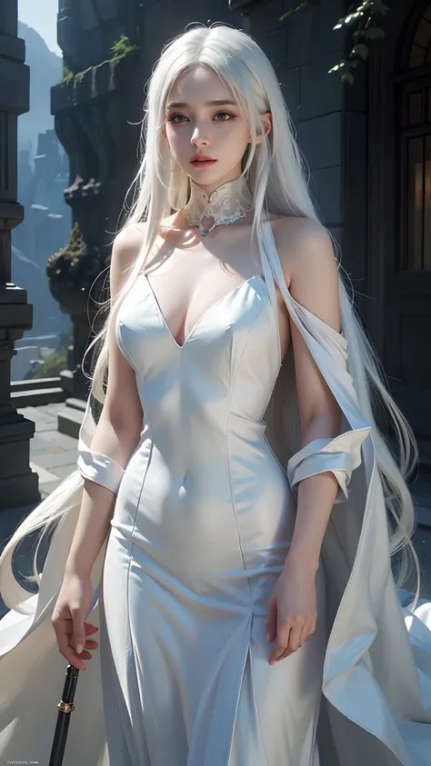 4k, fantasy art, photo realistic, dynamic lighting, artstation, poster, volumetric lighting, very detailed faces, award winning, 1girl, deep shadow, beautiful shot, white dress, long hair ,white hair, beautiful background, whole body capture,