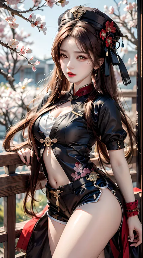 photorealistic, high resolution, 1women, mature female, solo, hips up, hu tao(genshin impact), hat, red eyes, twintails, brown hair, solo, long hair,bangs, black shorts , chinese clothes, cherry blossom