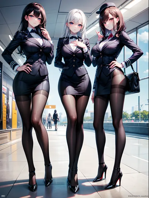 masterpiece, best quality, official art, extremely detailed, perfect hands, perfect eyes, 3girls, flight attendant, different uniforms, tight uniforms, high heels, airport