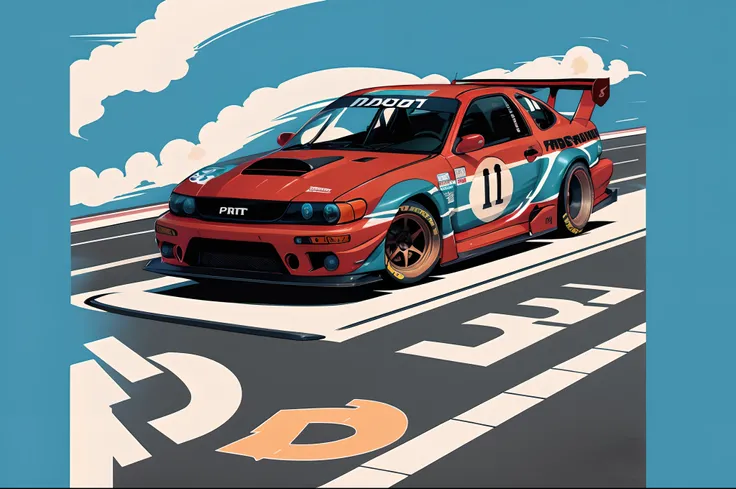 mdjrny-pntrt illustration style, Initial D car, race track, contrasting color palette