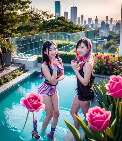 180th floor infinity pool，The tallest building in the urban forest，Around bonsai，Luo Han Song，coconut palms，tulips，Rose flower，Tease alpacas to play，There were five little girls wearing openwork translucent stockings，Pouting and smiling，is shy，Pinch your c...