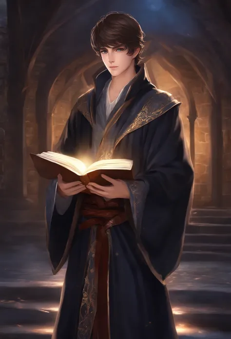 1 boy, Handsome face, Black-brown hair, robe，With gray eyes, Holding a magic book in his hand,Anime fantasy style,medieval background