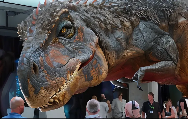 Araffe en un museo con gente mirando un gran dinosaurio, Trex de Godzilla (2014), Weta FX, Estudios Weta, Estudio Weta, Taller de Weta, Realistic and realistic dragon, Dinosaurio Trex, Taller de Weta Concept Art, T-rex, T - Rex, extremadamente detallado y ...