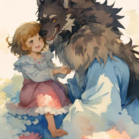 watercolor, soft color, Vintage images, highres, unparalleled masterpiece, absurdres, love story of human Child girl and giant Werewolf, pair, Height difference, Physical difference, perfect anatomy, smile, joyful, play with, smile, happy, watercolor,