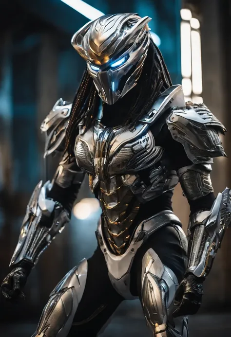 Predator，cyber punk perssonage，Silver-white armor，high-tech weapon