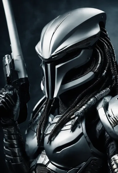 Predator，full bodyesbian，cyber punk perssonage，Silver-white armor，high-tech weapon