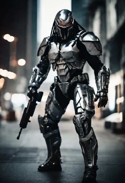 Predator，full bodyesbian，cyber punk perssonage，Silver-white armor，high-tech weapon