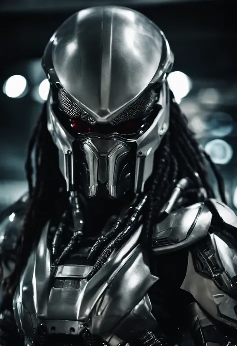 Predator，full bodyesbian，cyber punk perssonage，Silver-white armor，high-tech weapon