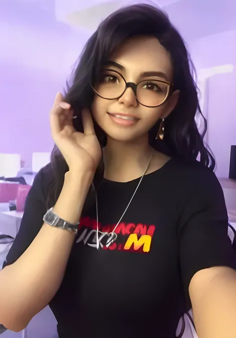 there is a woman with glasses, lifting her black shirt revealing her size 18c all natural breast, wavy long black hair and glasses, 16 years old, she is about 1 6 years old, 1 6 years old, selfie of a young woman, alanis guillen, inspired by Izzy Medrano, ...