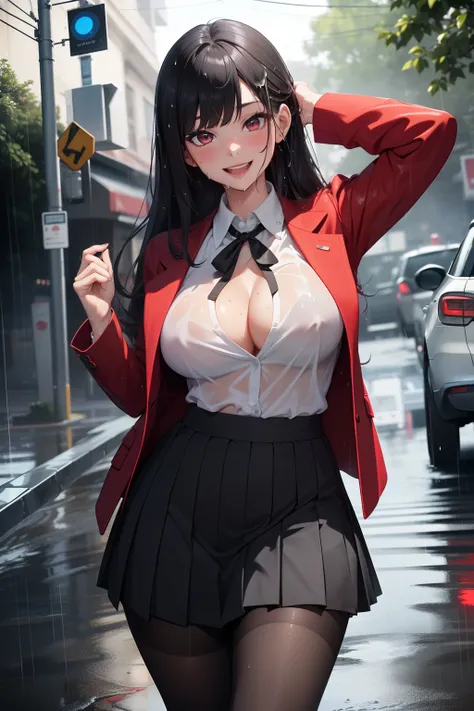 (masterpiece, best quality, ultra-detailed, 8k, wallpaper, photorealistic), (medium shot), beautiful girl, voluptuous body, perfect hands, (hmjy1), (exposed cleavage), (wet long hair), (blunt bangs), red eyes, (Yumeko Jabami), (wet school uniform, wet red ...