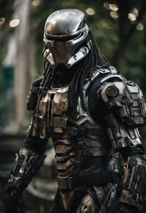 Predator，full bodyesbian，cyber punk perssonage，Silver-white armor，high-tech weapon