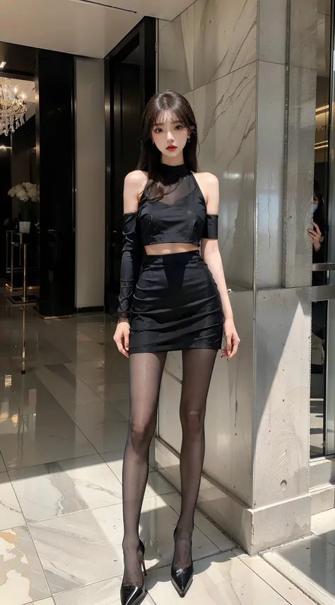 A ball head，Heavy makeup，Stiletto pointed toe heels，Transparent colorless flesh silk pantyhose，ear studs，Long legs，8K，in the mall，In the daytime，By bangs，Floral skirt，two women