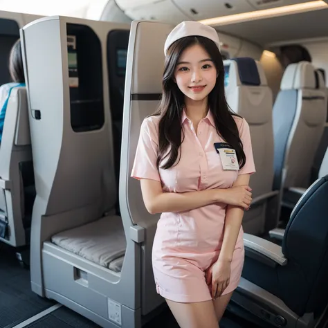 Medium shot of A young girl standing on plane cabin, inside plane cabin, standing on middle of plane cabin isle, stewardess, stewardess girl, one girl, one object, dress as stewardess, wearing blouses with shirt as undergarment, wearing stewardess uniform,...