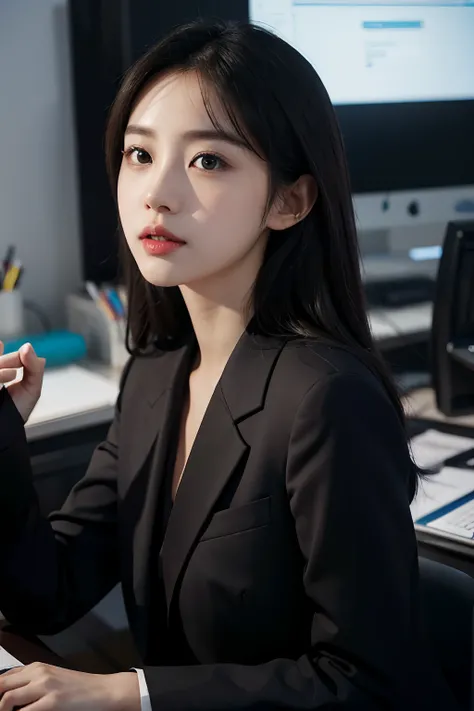 High-res, Realistic portrait of professional korean office lady with perfect skin，Professional suits，stand posture，The upper part of the body，Women in the workplace，Show confidence and maturity, Surrounded by a modern corporate environment, Vibrant and nat...