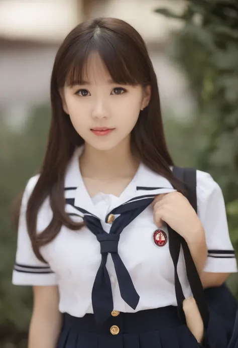 Young girl in uniform looking up, girl wearing school uniform, Seifuku, Wearing school uniform, Wearing a school uniform, School uniform, Japan school uniform, wearing japanese school uniform, School bag, japanese girl school uniform, JK Uniform, uniform b...