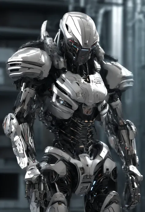 Predator，full bodyesbian，cyber punk perssonage，Silver-white armor，high-tech weapon