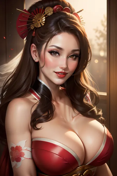 lucy pinder, portrait, smiling, face portrait, geisha, red lips, geisha