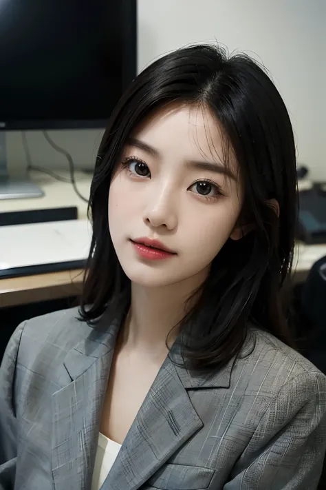 High-res, Realistic portrait of professional korean office lady with perfect skin, Professional suits, Show confidence and maturity, Surrounded by a modern corporate environment, Vibrant and naturally lit highlights. The artwork should emphasize her elegan...