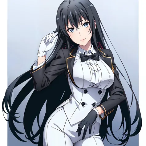 (best quality,4k,8k,highres,masterpiece:1.2) Yukinoshita Yukino in a black tuxedo,smiling,badass butler female,sparkling eyes,sharp white pants ,piercing gaze,sleek hairstyle,confident posture,white gloves,crisp bow tie,wallpaper, outfit