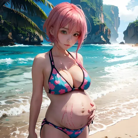 anime girl in bikini standing on beach with ocean in background, blushing face, pregnant, big belly, pink hair, blue and pink eye, embarrassed face, realistic bikini, artwork in the style of guweiz, guweiz, seductive anime girl, in the beach, 4k anime wall...