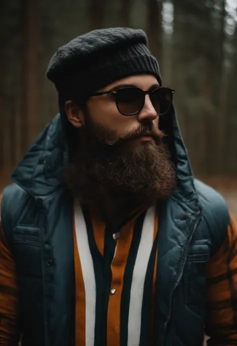 Um homem de 25 anos, gordura, barba grande, barba preta, glasses, bonnet, Standing, corpo inteiro, fotografia, realismo, Standing, pele branca, roupas jovens