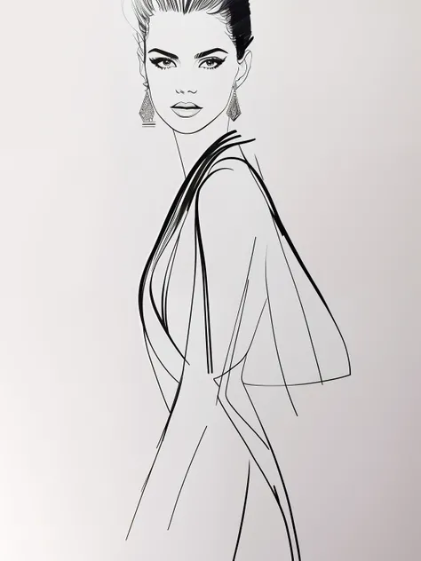 David downton fashion illustration, mustafa soydan drawing, line art sketch on a white background, beautiful woman face portrait, slim figure, elegant dress