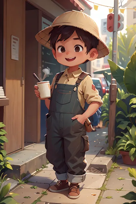 Boy standing on the sidewalk with a conical hat and a cup of Vietnamese coffee in his hand, cheerful eyes, loving life, cheerful, natural, beautiful smile, bib, leather apron, milk and mocha style , brown clothes, cute big pockets, two front pockets, bib, ...