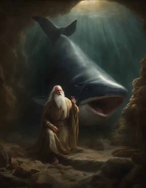 Draw a vivid Jonah scene, Prophet of God, A moment of desperate prayer in the huge belly of a giant whale.
Jonas knelt wet, Slippery ground, Illuminated by the dim light entering from the whales mouth.
he is wearing ragged clothes，The facial features exude...