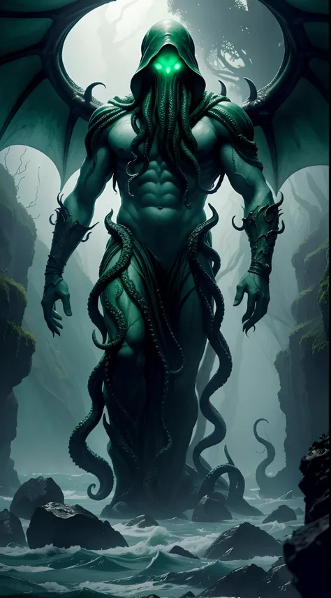 Cthulhu, The squid-headed alien god and the sprawling limbs of H . P. Lovecraft, venant envahir le monde humain, surrounded by a greenish mist coming from the stormy sea. Humans flee its presence. Overall view, ambiance froide dans les vert et bleue avec d...