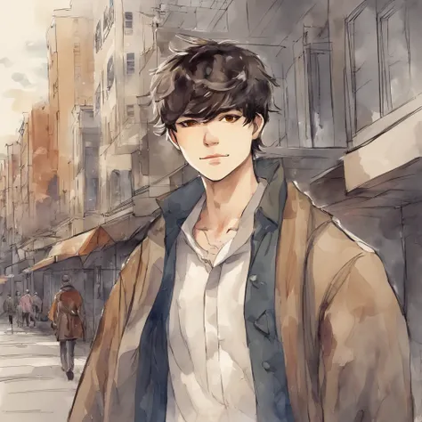 Anime Characters Style Like Teruto Kurabe , Anime Style Boy, Expresive Brown eyes, Best Quality, Black hair, Using School Clotch, Standing In Front of City Building, Expresive eyes, HD 4K