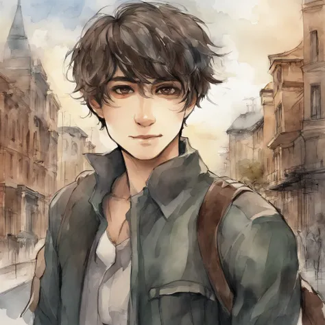 Anime Characters Style Like Teruto Kurabe , Anime Style Boy, Expresive Brown eyes, Best Quality, Black hair, Using School Clotch, Standing In Front of City Building, Expresive eyes, HD 4K