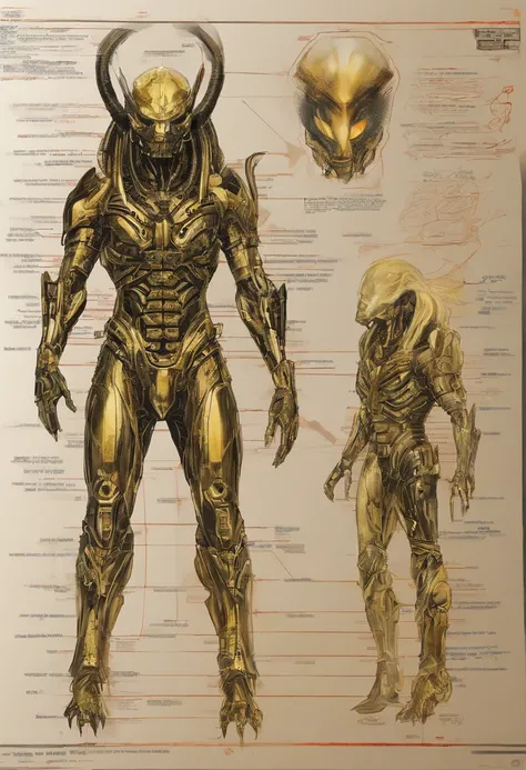 Predator，Whole body diagram，Golden armor，Rich background