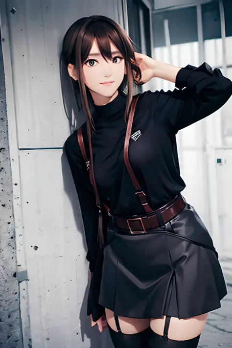 Black skirt, 　suspenders, Brown hair Gray eyes, Garter belt on the legs, Tight clothes, 　　 a belt　Armpit sweat　　Dark look　Moderately breasts　holster　Belt Chain　hair adornments　poneyTail