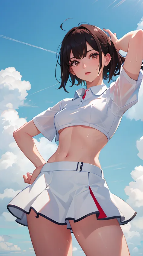 1girl, solo, white polo shirt, white sneakers, tennis wear, white miniskirt, masterpiece, best quality, realistic, hyper-detailed, (shiny skin, sweaty:1.4), absurd, looking at viewer, short black hair, brown eyes, slender, dynamic lighting, high resolution...