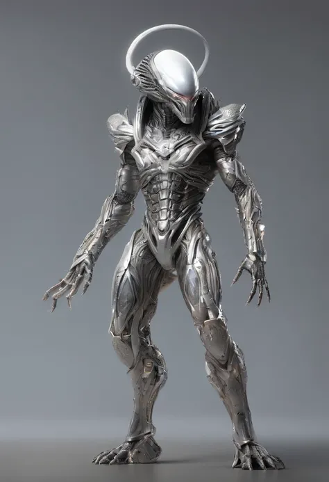 Predator，Whole body diagram，Silver-white armor，suitable background