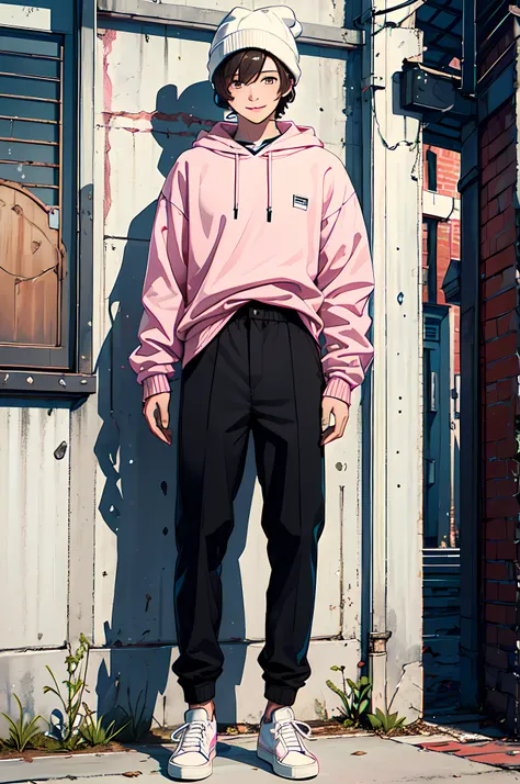 best quality,masterpiece,original,extremely detailed wallpaper,looking at viewer,1boy,solo,male,male focus,brown hair,messy hair, bangs under eyes,smile,headphones,white_shoes,white_beanie, pink sweater,black pants,standing,