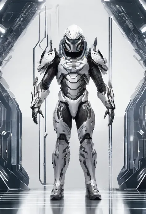 Predator，Whole body diagram，Silver-white armor，suitable background